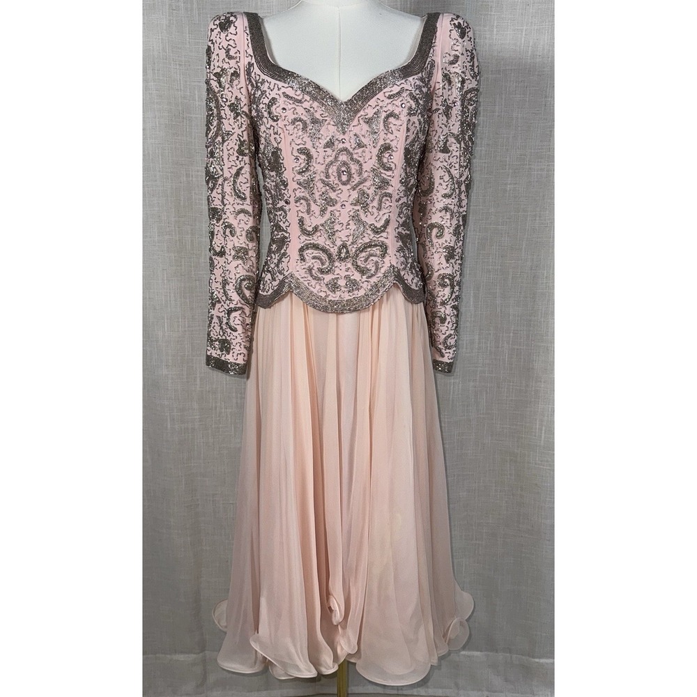 Vintage Lillie Rubin Dress Beaded Sequin Long Sleeve 6 Pink Embellished Ruffle